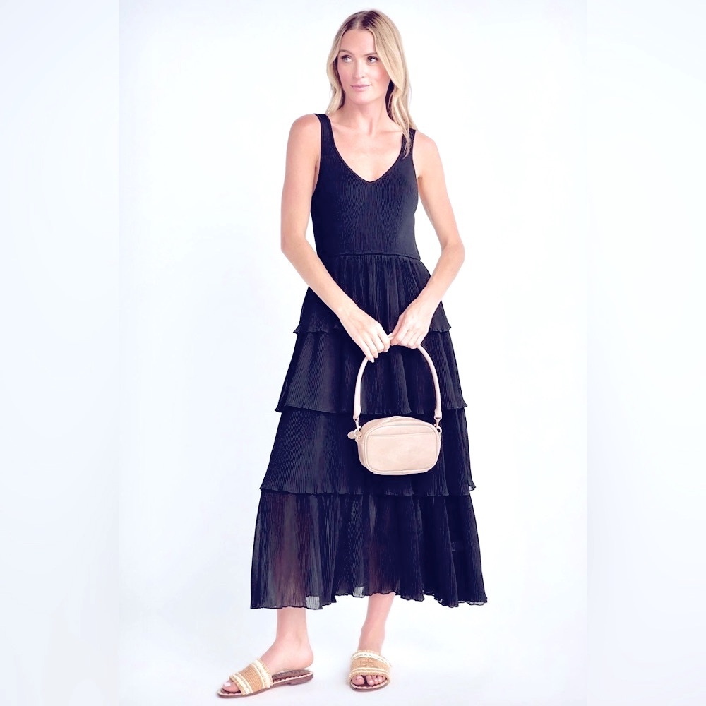 &MERCI, Mixed Media Pleated Tiered Midi Dress in Black, Size M, NWT
